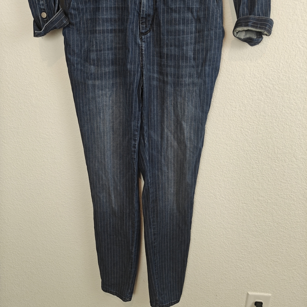 Bebe Denim Pinstripe Jumpsuit Sz 28 (US 6) V-Neck Button Chic Utility One-piece - Picture 3 of 16
